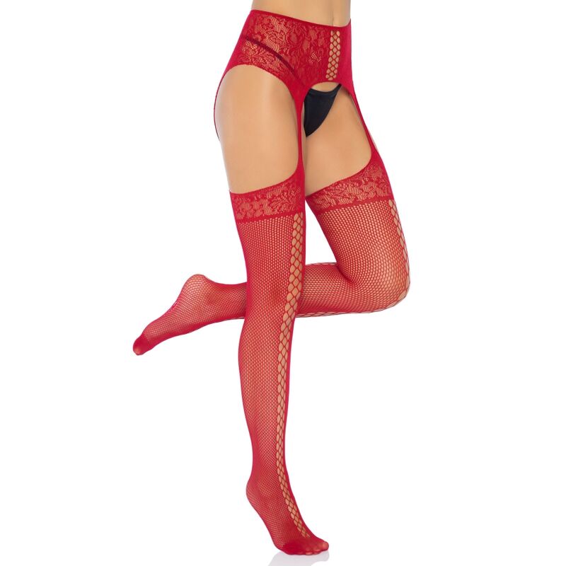 LEG AVENUE - BURGUNDY LACE STOCKINGS WITH GARTER BELT ONE SIZE