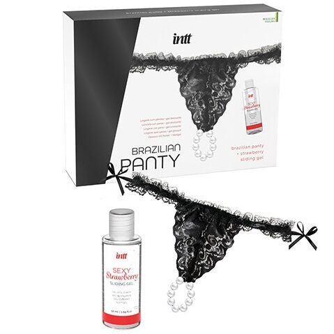 INTT RELEASES - BLACK BRAZILIAN PANTY WITH PEARLS AND LUBRICANT GEL 50 ML