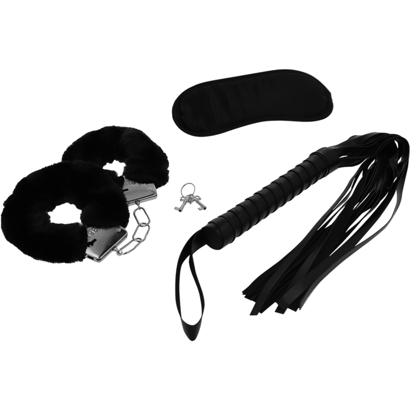 INTENSE - EROTIC FETISH SET 1 WITH HANDCUFFS, BLIND MASK AND VEGAN LEATHER WHIP
