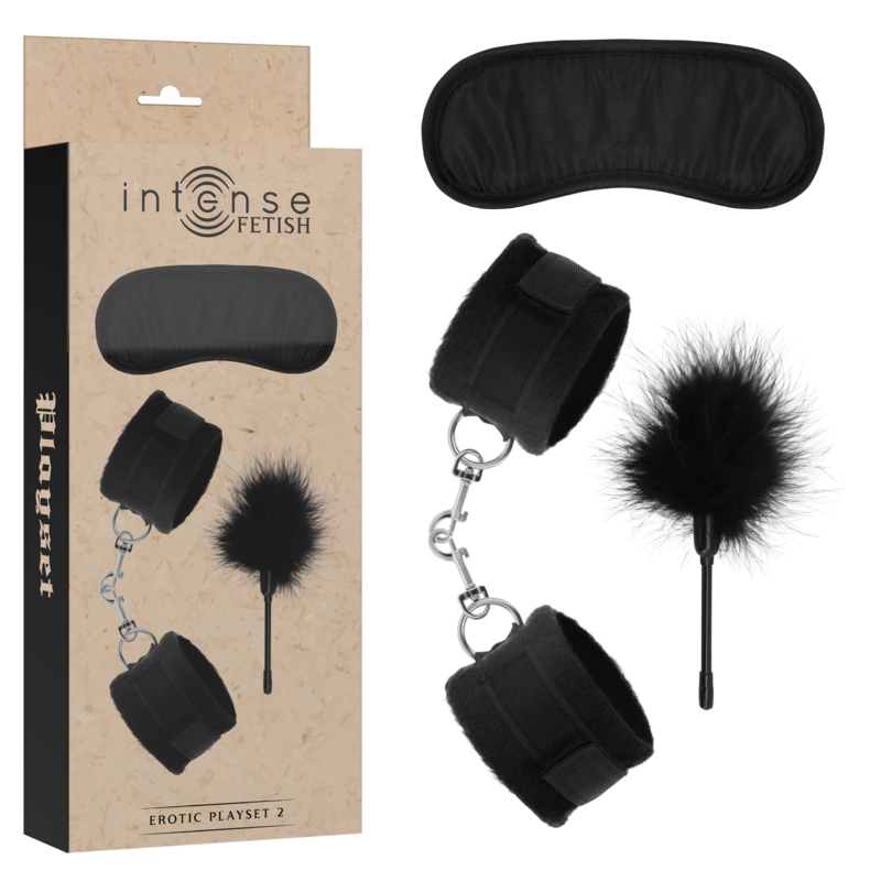 INTENSE - EROTIC FETISH SET 2 WITH HANDCUFFS, BLIND MASK AND DUSTER