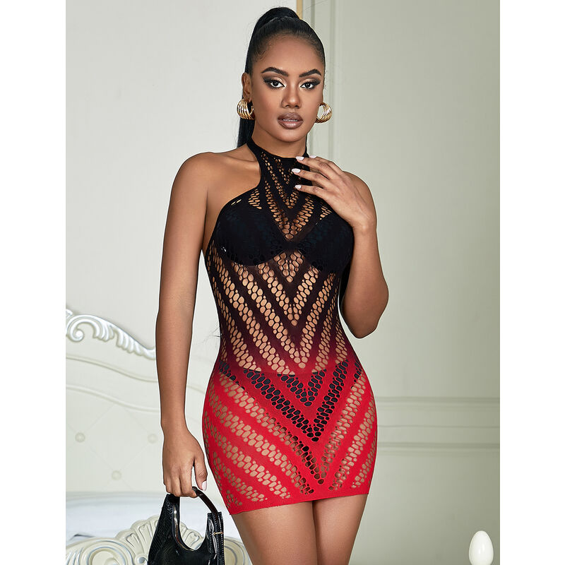 SUBBLIME - 952242 RED AND BLACK GRADIENT ELASTIC FISHNET DRESS ONE SIZE