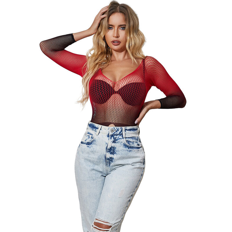 SUBBLIME - 952259 RED AND BLACK GRADIENT LONG-SLEEVED ELASTIC FISHNET DRESS ONE SIZE