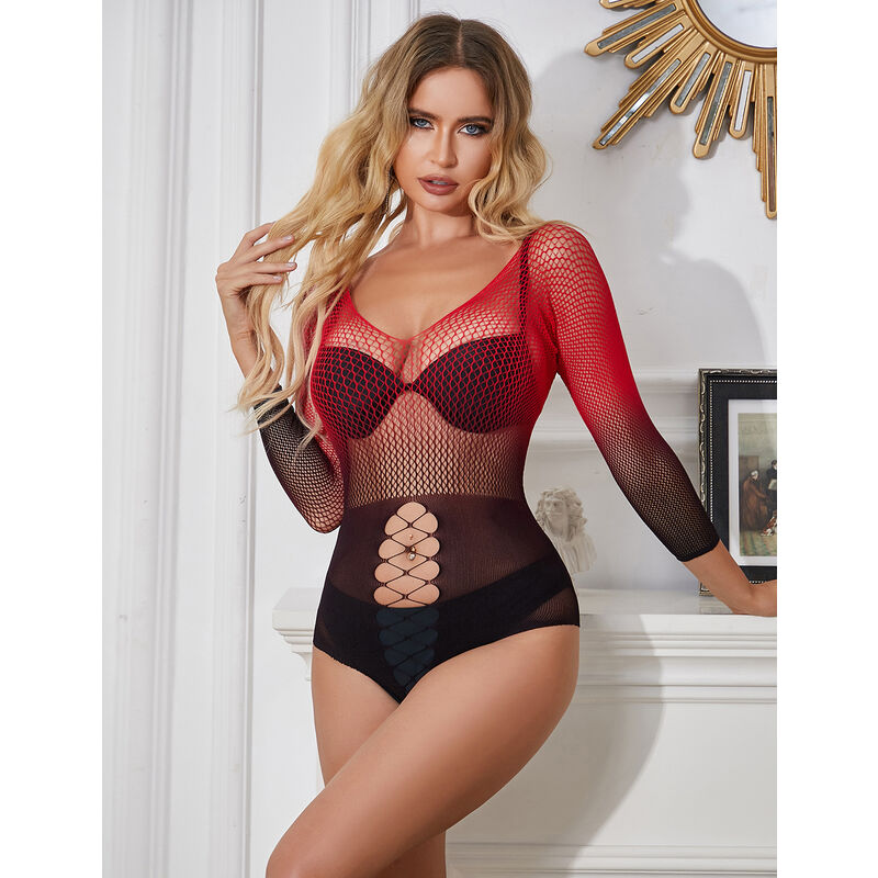 SUBBLIME - 952259 RED AND BLACK GRADIENT LONG-SLEEVED ELASTIC FISHNET DRESS ONE SIZE