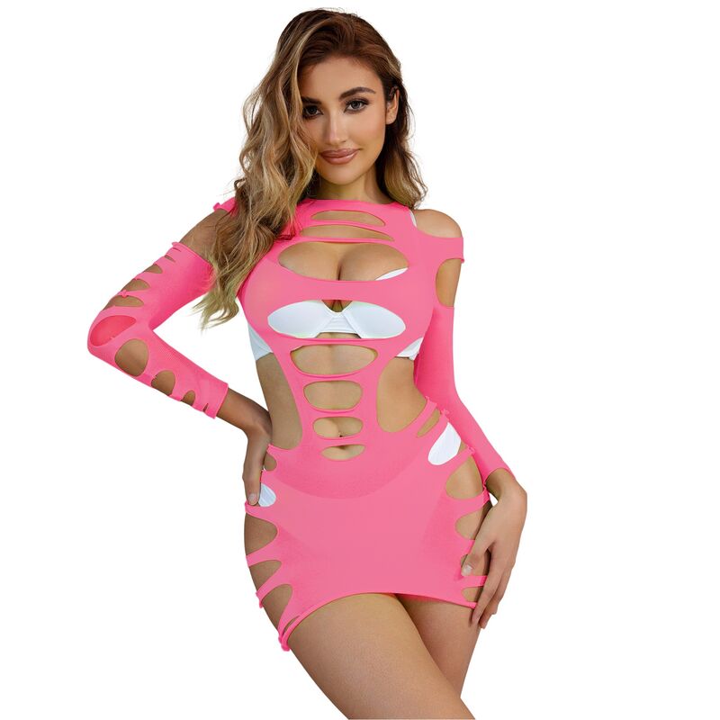 SUBBLIME - 952273 PINK LONG-SLEEVED ELASTIC FISHNET DRESS ONE SIZE