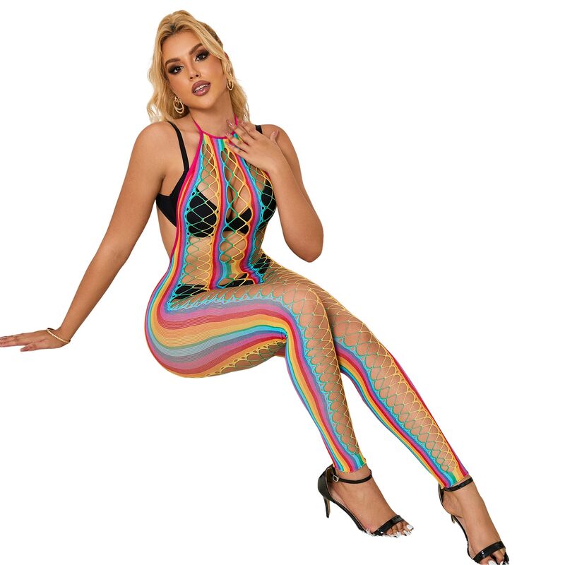 SUBBLIME - 952358 Rainbow Halter Neck Fishnet Dress One Size