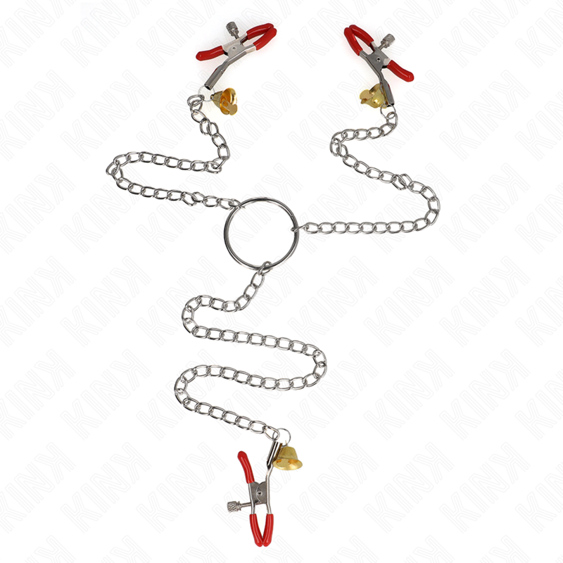KINK - RED NIPPLE AND CLITORIS CLAMPS WITH GOLD BELL AND CHAIN 30 CM