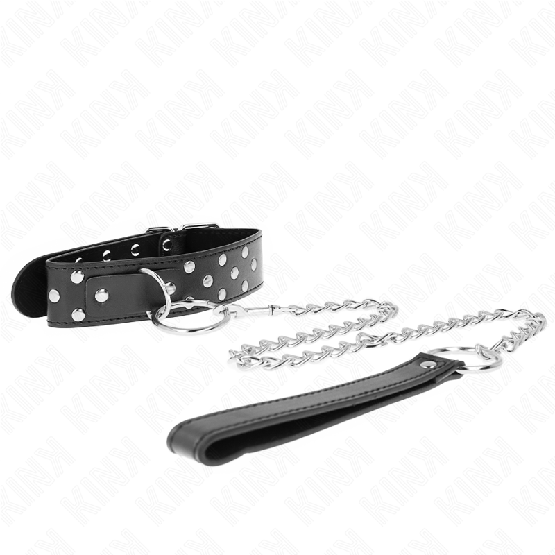 KINK - COLLAR WITH LEASH 65 CM RIVET RING BLACK ADJUSTABLE 36-50 CM X 3.8 CM