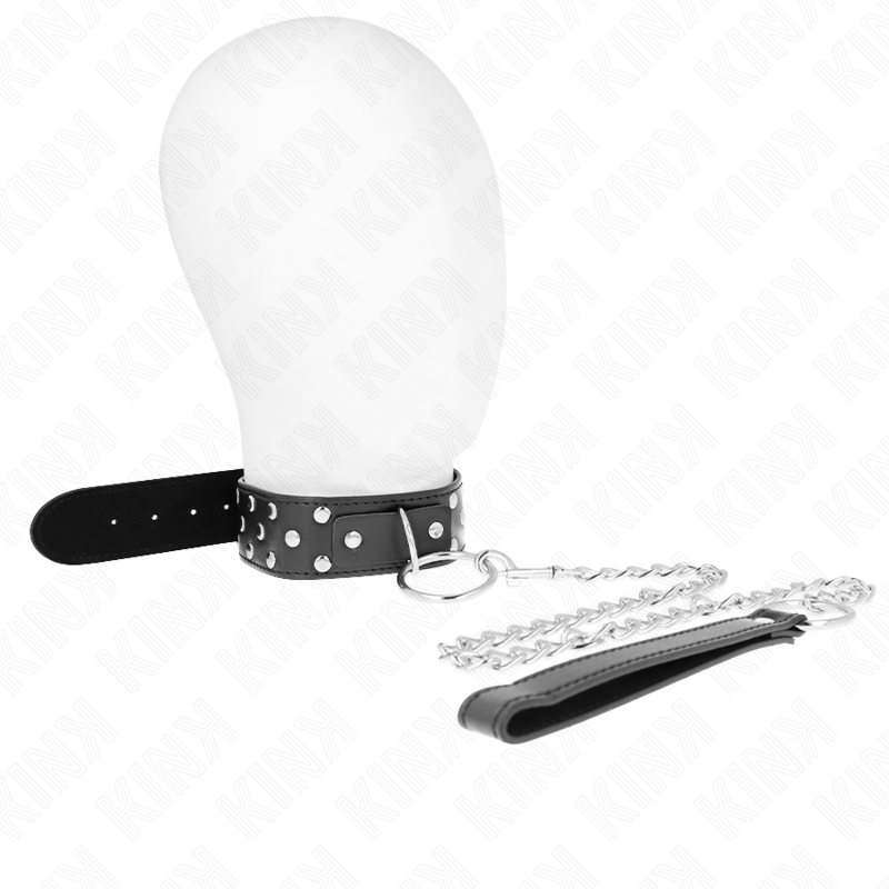 KINK - COLLAR WITH LEASH 65 CM RIVET RING BLACK ADJUSTABLE 36-50 CM X 3.8 CM