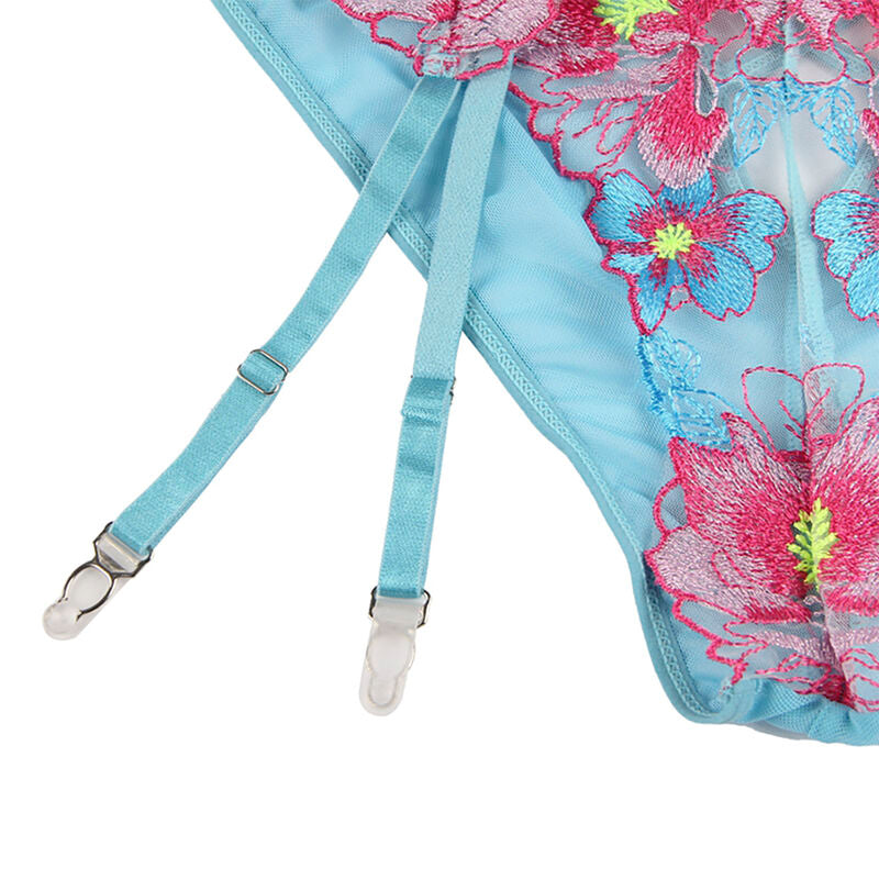 SUBBLIME - 954116 BRA + PANTY WITH GARTER BELT BLUE FLORAL DESIGN L/XL