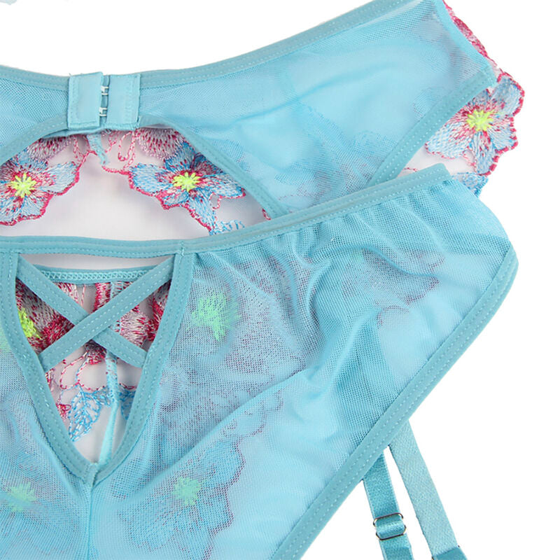 SUBBLIME - 954116 BRA + PANTY WITH GARTER BELT BLUE FLORAL DESIGN L/XL