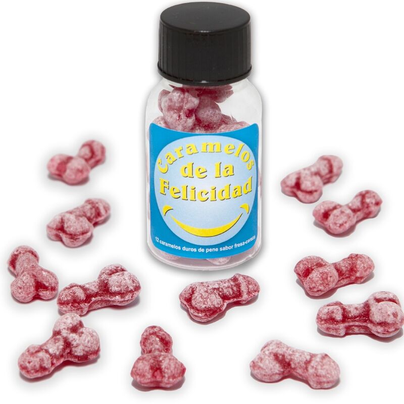 SPICY DEVIL - JAR OF 12 PENIS-SHAPED HAPPINESS CANDIES STRAWBERRY/CHERRY