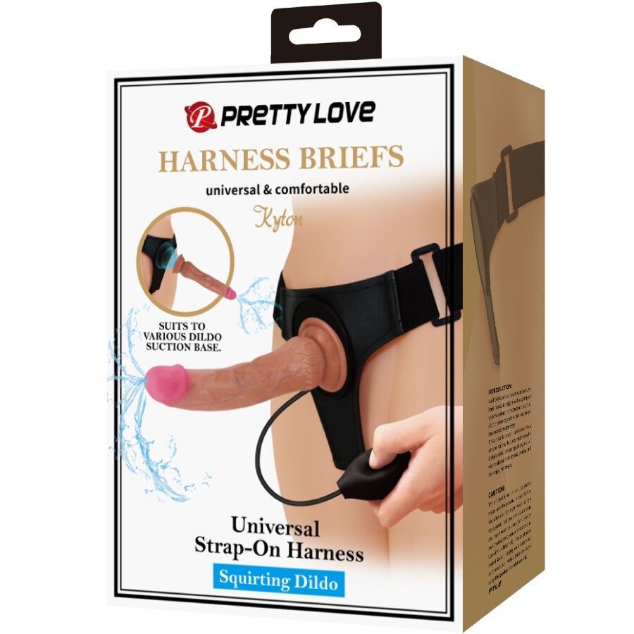 PRETTY LOVE - KYTON HARNESS UNIVERSAL BRIEFS WITH SQUIRTING DILDO 19 CM MULATO