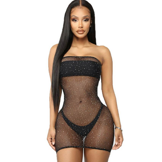 QUEEN LINGERIE - Fishnet Body Dress with Rhinestones S/L