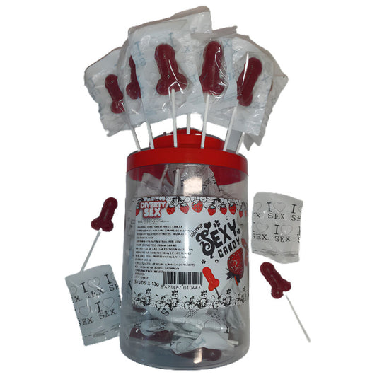 SPICY DEVIL - JAR OF 50 STRAWBERRY AND CHERRY CARAMEL LOLLIPOPS 50 UNITS