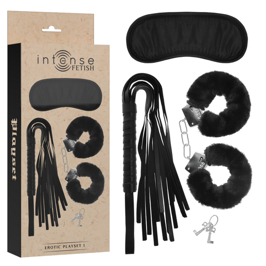 INTENSE - EROTIC FETISH SET 1 WITH HANDCUFFS, BLIND MASK AND VEGAN LEATHER WHIP