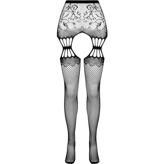 PASSION - S027 BLACK STOCKINGS WITH GARTER BELT ONE SIZE