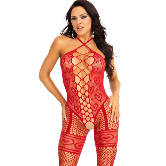 LEG AVENUE - RED HALTER NECK BODYSTOCKING RED HEARTS