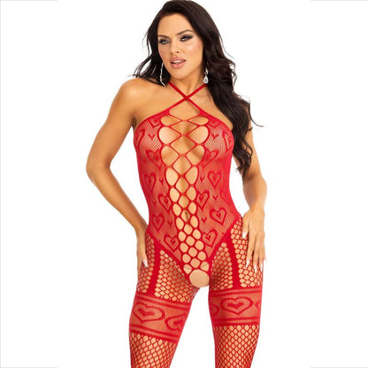 LEG AVENUE - RED HALTER NECK BODYSTOCKING RED HEARTS