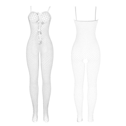SUBBLIME - 951740 White Fishnet Crotchless Bodystocking with Bows, One Size