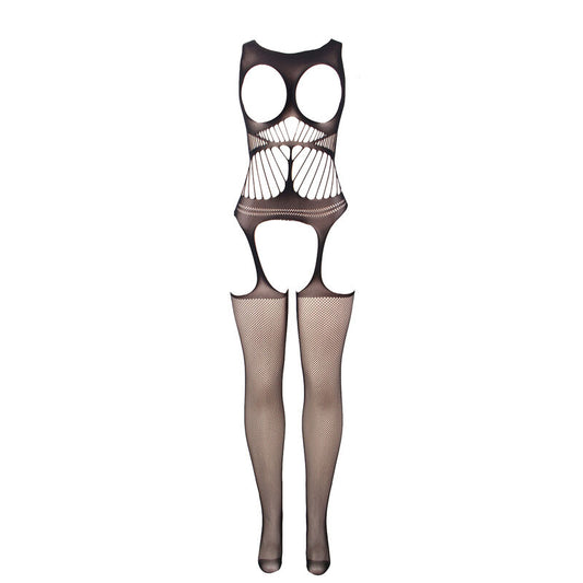 SUBBLIME - 951900 Fishnet Crotchless Bodystocking with Cup and Open Shoulders, Black, One Size