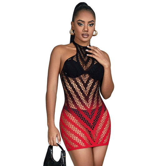 SUBBLIME - 952242 RED AND BLACK GRADIENT ELASTIC FISHNET DRESS ONE SIZE