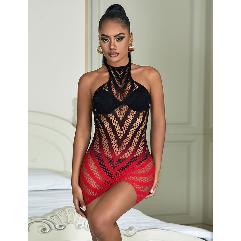 SUBBLIME - 952242 RED AND BLACK GRADIENT ELASTIC FISHNET DRESS ONE SIZE