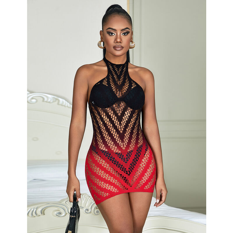SUBBLIME - 952242 RED AND BLACK GRADIENT ELASTIC FISHNET DRESS ONE SIZE