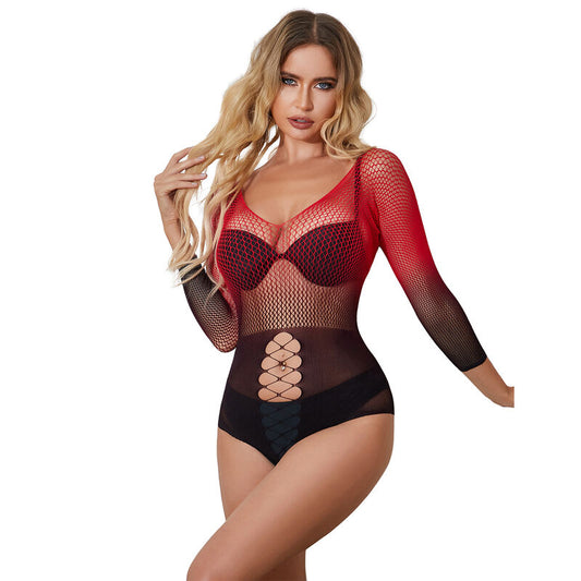SUBBLIME - 952259 RED AND BLACK GRADIENT LONG-SLEEVED ELASTIC FISHNET DRESS ONE SIZE