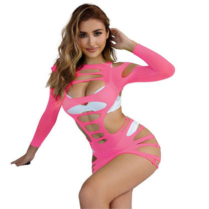 SUBBLIME - 952273 PINK LONG-SLEEVED ELASTIC FISHNET DRESS ONE SIZE