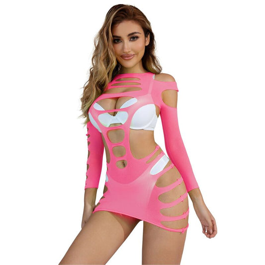 SUBBLIME - 952273 PINK LONG-SLEEVED ELASTIC FISHNET DRESS ONE SIZE