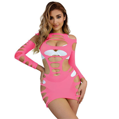 SUBBLIME - 952273 PINK LONG-SLEEVED ELASTIC FISHNET DRESS ONE SIZE