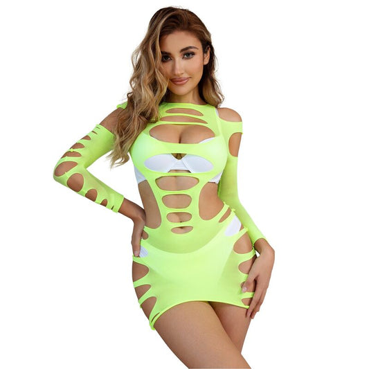 SUBBLIME - 952280 GREEN LONG-SLEEVED STRETCH FISHNET DRESS ONE SIZE