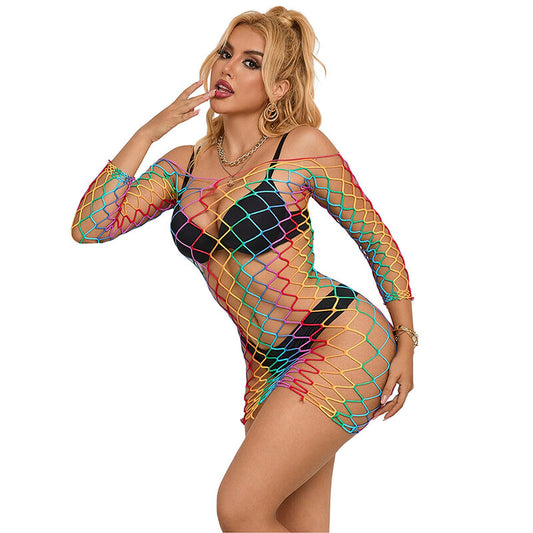 SUBBLIME - 952426 Rainbow Long-Sleeved Fishnet Dress, One Size