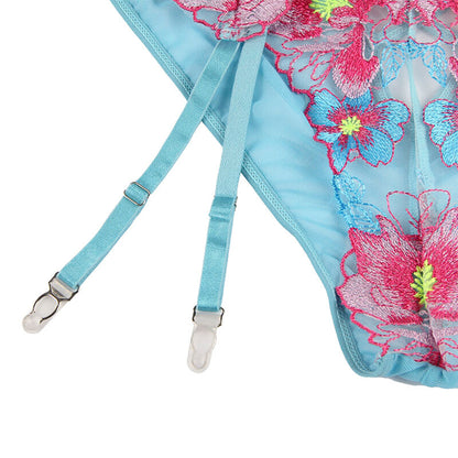 SUBBLIME - 954116 BRA + PANTY WITH GARTER BELT BLUE FLORAL DESIGN L/XL