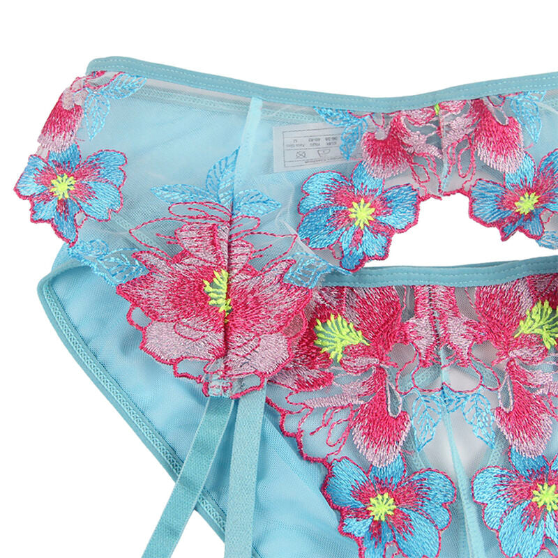 SUBBLIME - 954116 BRA + PANTY WITH GARTER BELT BLUE FLORAL DESIGN L/XL