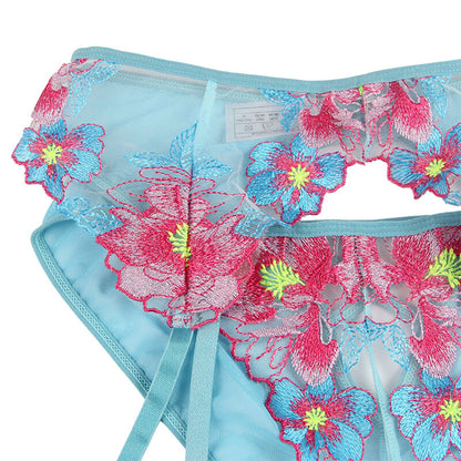 SUBBLIME - 954116 BRA + PANTY WITH GARTER BELT BLUE FLORAL DESIGN L/XL