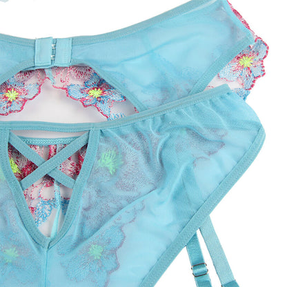 SUBBLIME - 954116 BRA + PANTY WITH GARTER BELT BLUE FLORAL DESIGN L/XL