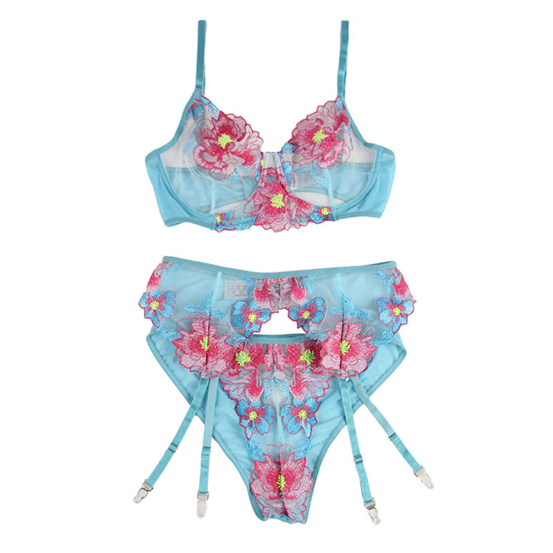 SUBBLIME - 954116 BRA + PANTY WITH GARTER BELT BLUE FLORAL DESIGN L/XL