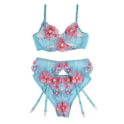 SUBBLIME - 954116 BRA + PANTY WITH GARTER BELT BLUE FLORAL DESIGN L/XL