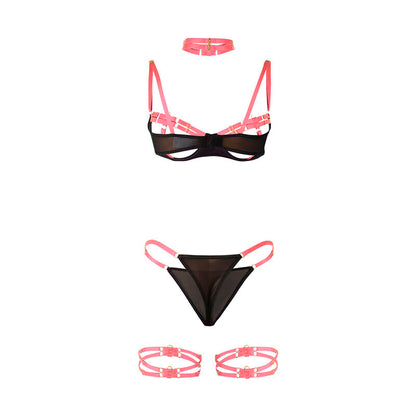 SUBBLIME - 955304 FLUORESCENT PINK NECKLACE AND LEG DETAIL BRA SET L/XL