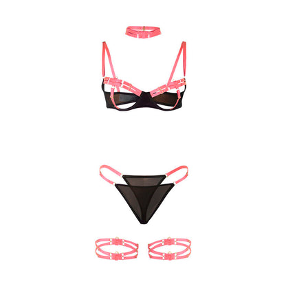 SUBBLIME - 955304 FLUORESCENT PINK NECKLACE AND LEG DETAIL BRA SET L/XL