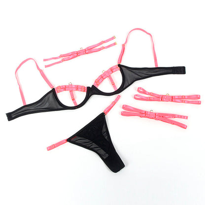 SUBBLIME - 955304 FLUORESCENT PINK NECKLACE AND LEG DETAIL BRA SET L/XL