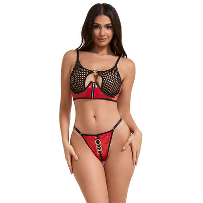 SUBBLIME - 955533 RED PATENT MESH ZIP-UP BRA SET S/M