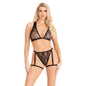 LEG AVENUE - 86148 TOP DE BRA DE ENCAJE Y PANTY CON LIGUEROS NEGRO - TALLA ÚNICA