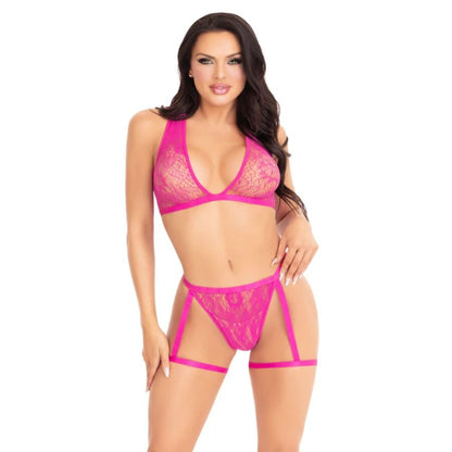 LEG AVENUE - 86148 TOP DE BRA DE ENCAJE Y PANTY CON LIGUEROS ROSA - TALLA ÚNICA