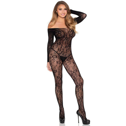 LEG AVENUE - 89366 BODYSTOCKING DE LENCERÍA DE ENCAJE NEGRO - TALLA ÚNICA