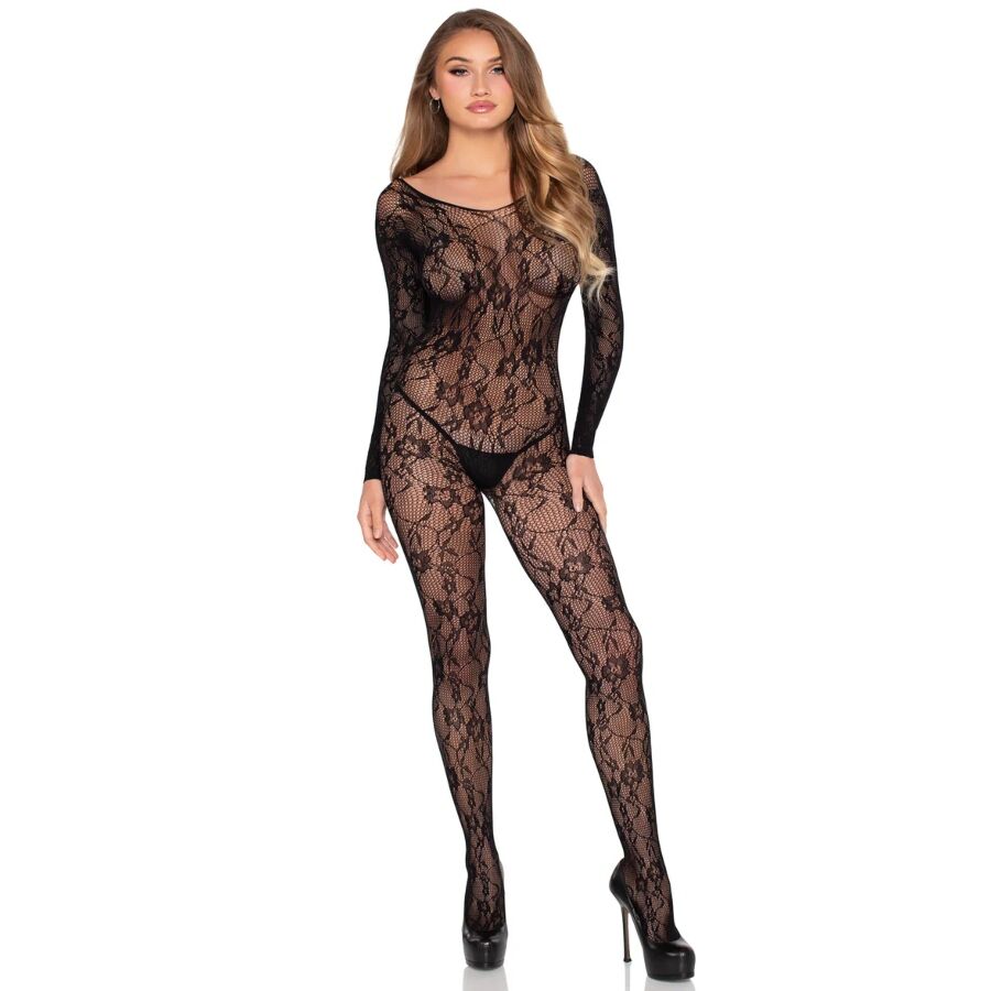 LEG AVENUE - 89366 BODYSTOCKING DE LENCERÍA DE ENCAJE NEGRO - TALLA ÚNICA