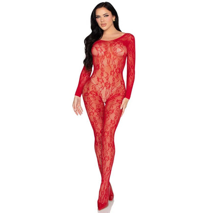LEG AVENUE - 89366 BODYSTOCKING DE LENCERÍA DE ENCAJE ROJO - TALLA ÚNICA