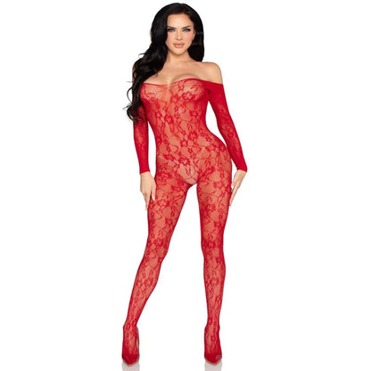 LEG AVENUE - 89366 BODYSTOCKING DE LENCERÍA DE ENCAJE ROJO - TALLA ÚNICA