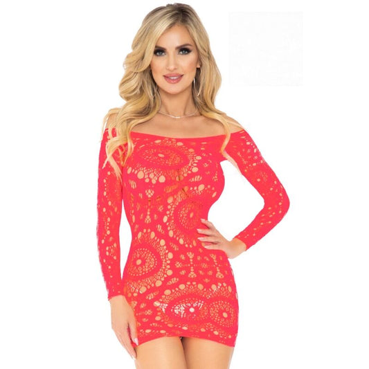 LEG AVENUE - RED LACE MINI DRESS WITH LONG SLEEVES, ONE SIZE